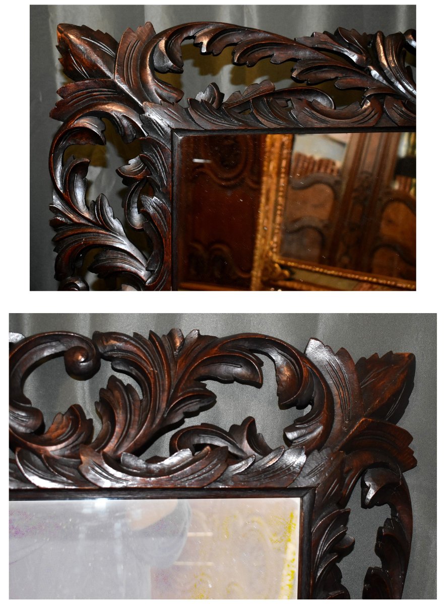 Important Miroir En Bois Sculpté Et Ajouré, Style Renaissance , chêne ,  Fin Du XIXe Siècle    -photo-7