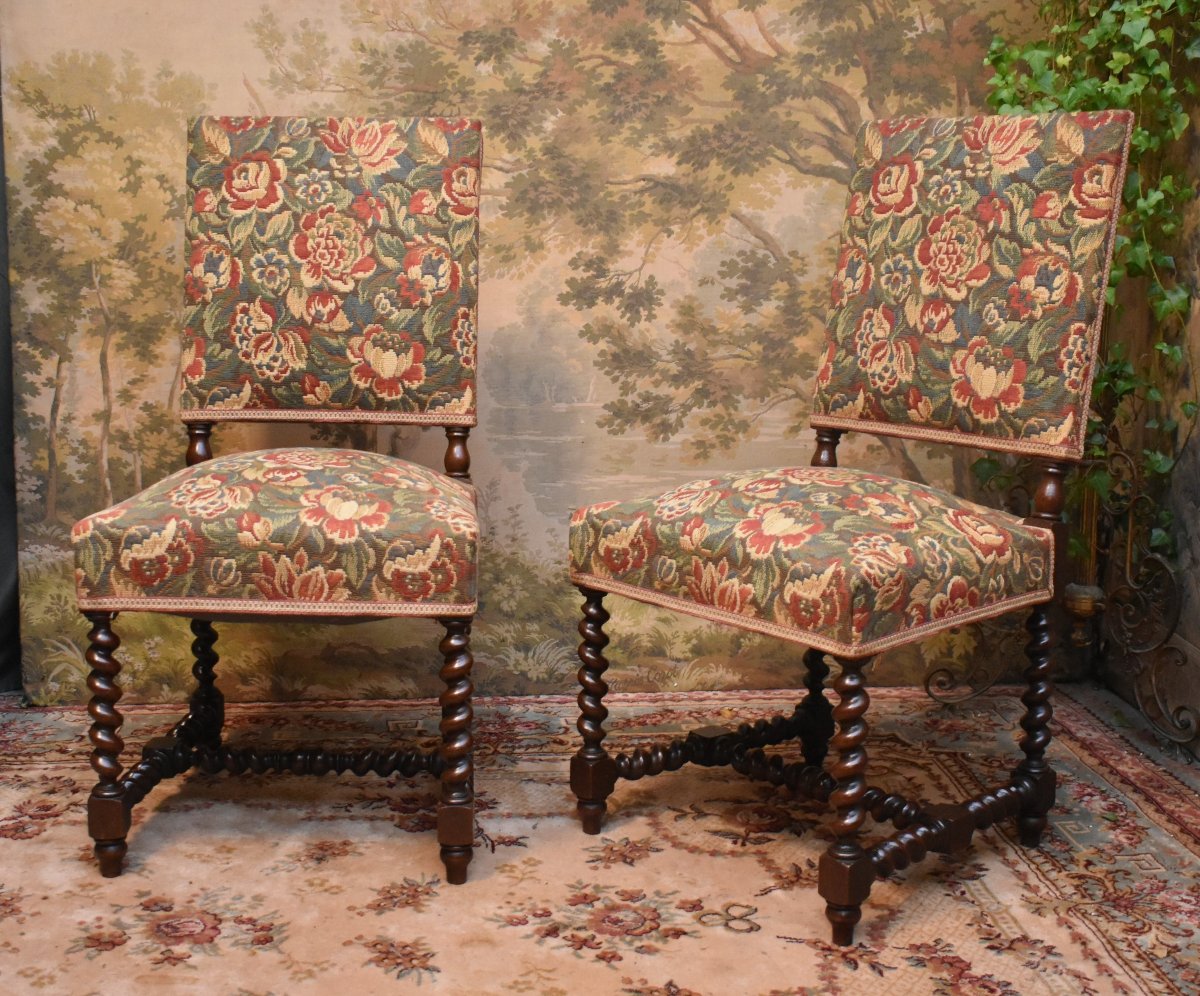 Pair Of Louis XIII - Louis XIV Style Chairs In Oak, Verdure Fabric, Twisted Webbing, 19th Century-photo-2