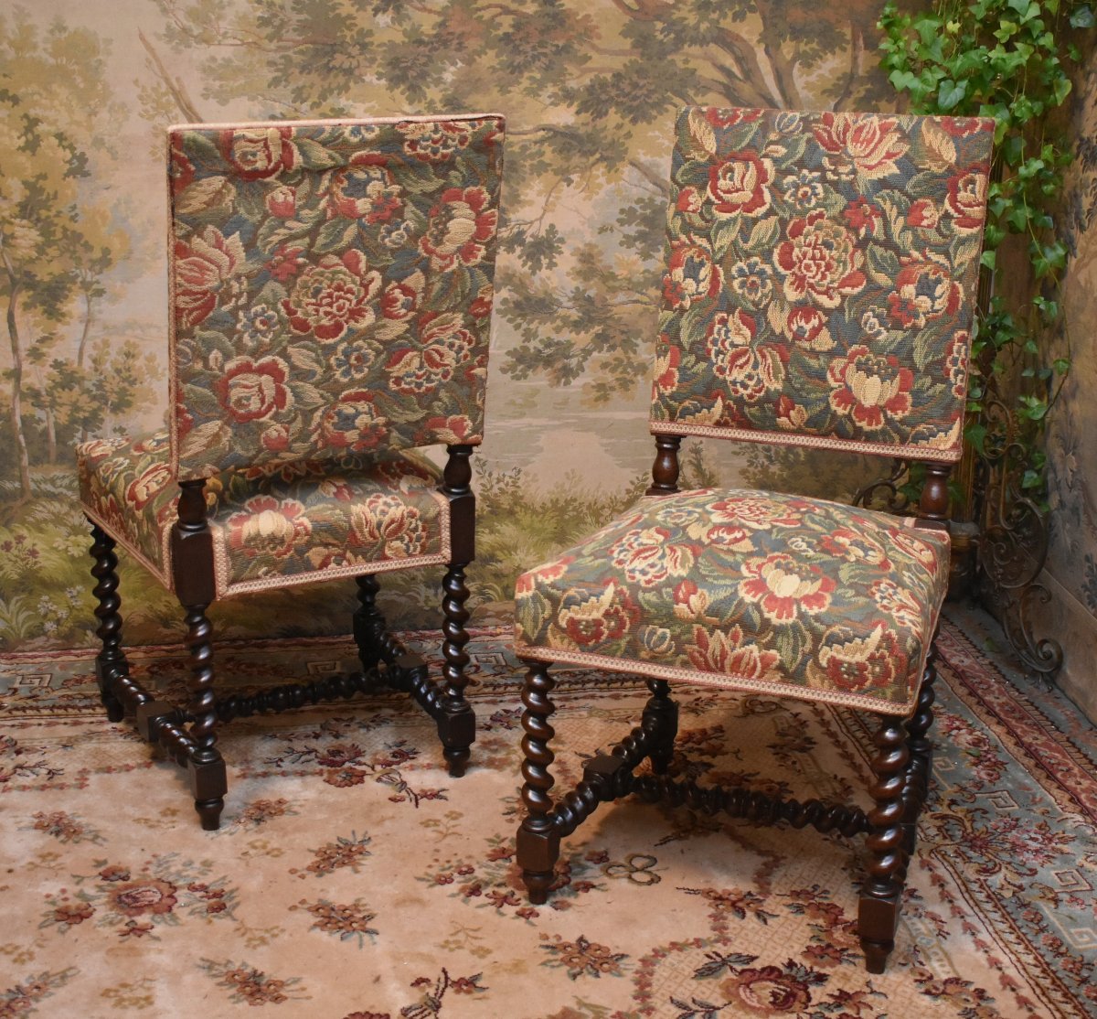 Pair Of Louis XIII - Louis XIV Style Chairs In Oak, Verdure Fabric, Twisted Webbing, 19th Century-photo-3