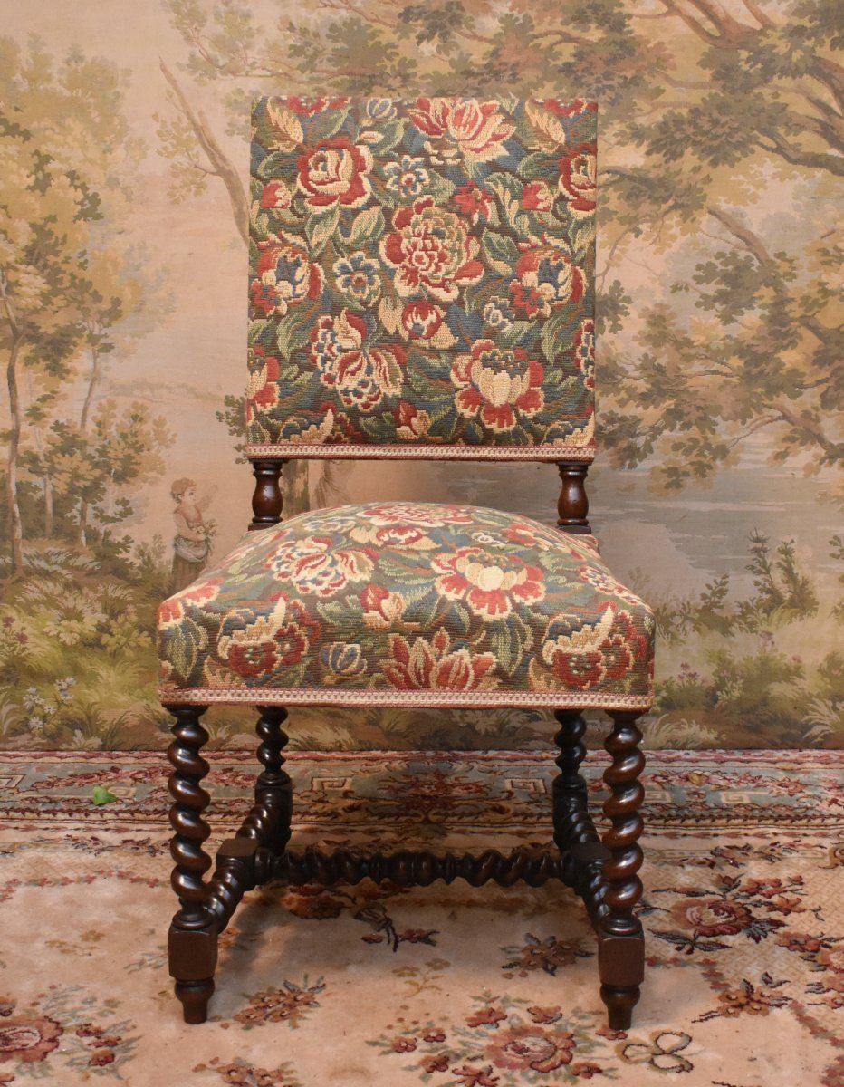 Pair Of Louis XIII - Louis XIV Style Chairs In Oak, Verdure Fabric, Twisted Webbing, 19th Century-photo-1