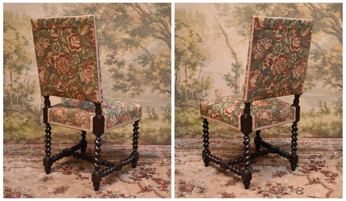 Pair Of Louis XIII - Louis XIV Style Chairs In Oak, Verdure Fabric, Twisted Webbing, 19th Century-photo-3