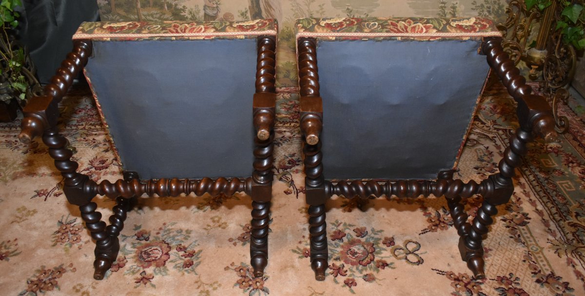 Pair Of Louis XIII - Louis XIV Style Chairs In Oak, Verdure Fabric, Twisted Webbing, 19th Century-photo-8
