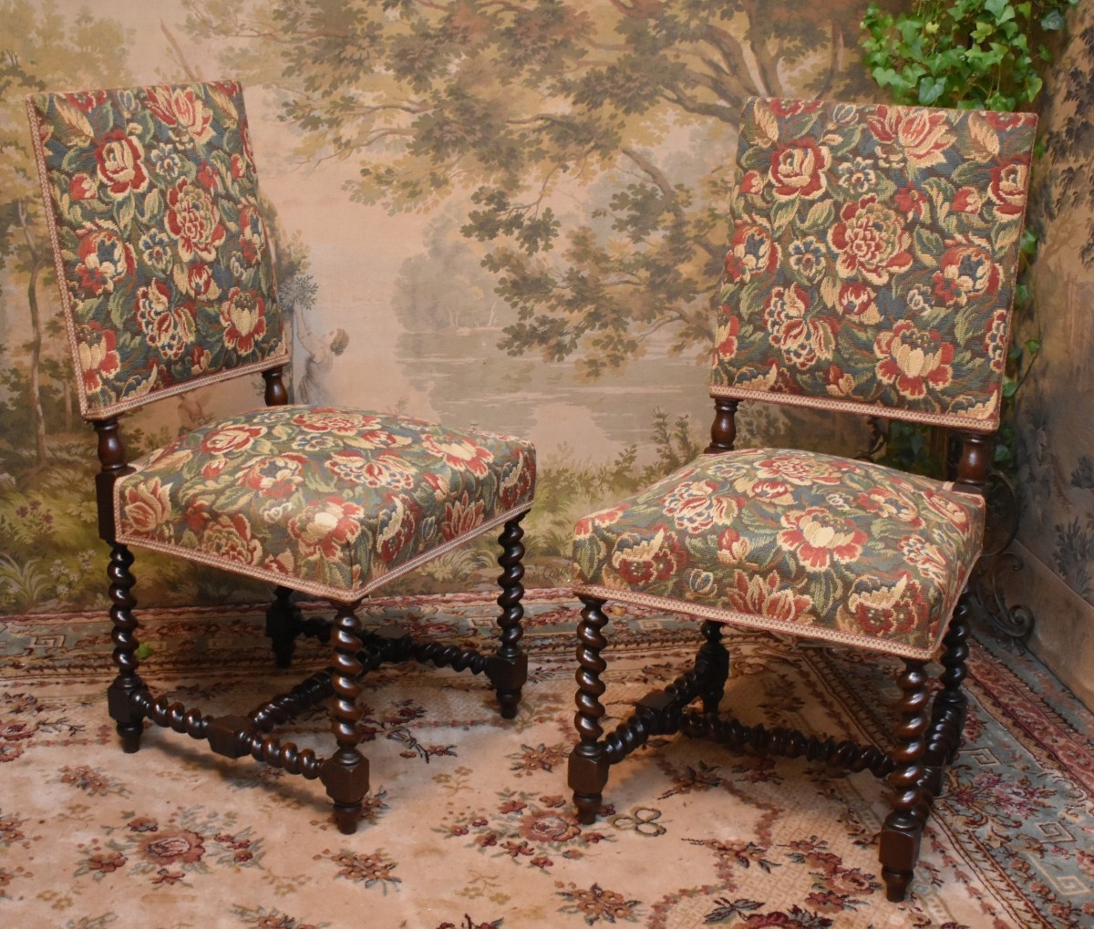 Pair Of Louis XIII - Louis XIV Style Chairs In Oak, Verdure Fabric, Twisted Webbing, 19th Century