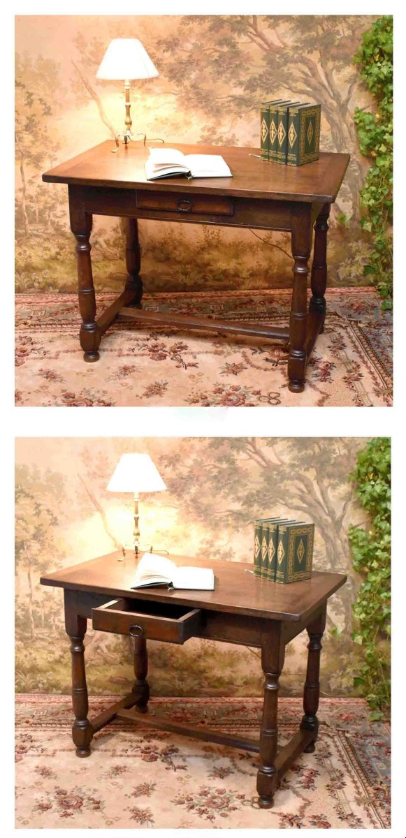 Louis XIII - Louis XIV Style Oak Desk, Small Kitchen Or Living Room Table, Late 19th Century-photo-1
