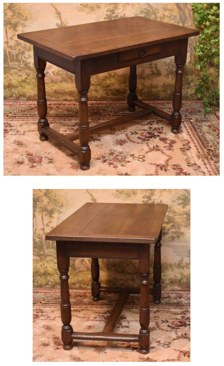 Louis XIII - Louis XIV Style Oak Desk, Small Kitchen Or Living Room Table, Late 19th Century-photo-3