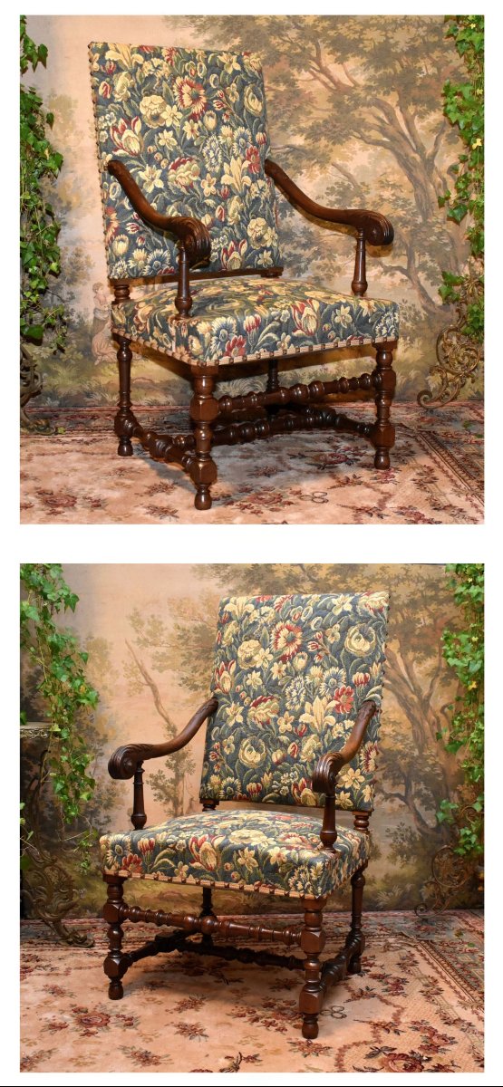 Paire De Grands Fauteuils De Style Louis XIII - Louis XIV En Noyer, Tissu Verdure,   XIXe -photo-1