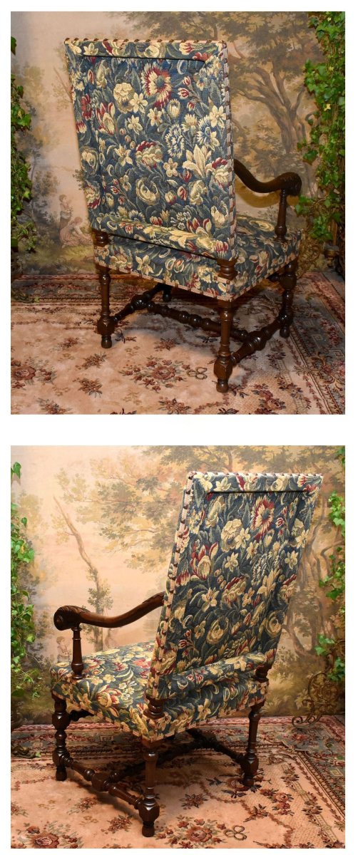 Paire De Grands Fauteuils De Style Louis XIII - Louis XIV En Noyer, Tissu Verdure,   XIXe -photo-3