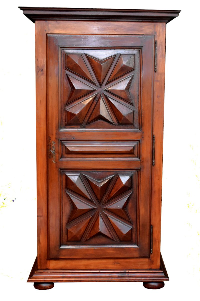 Louis XIII Style Bonnetière In Fruitwood And Various Other Woods, 1-door Wardrobe, Diamond Points -photo-2