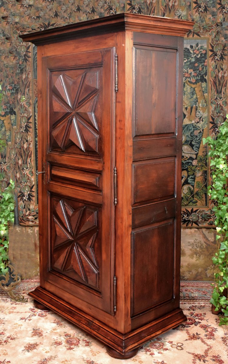 Louis XIII Style Bonnetière In Fruitwood And Various Other Woods, 1-door Wardrobe, Diamond Points -photo-4