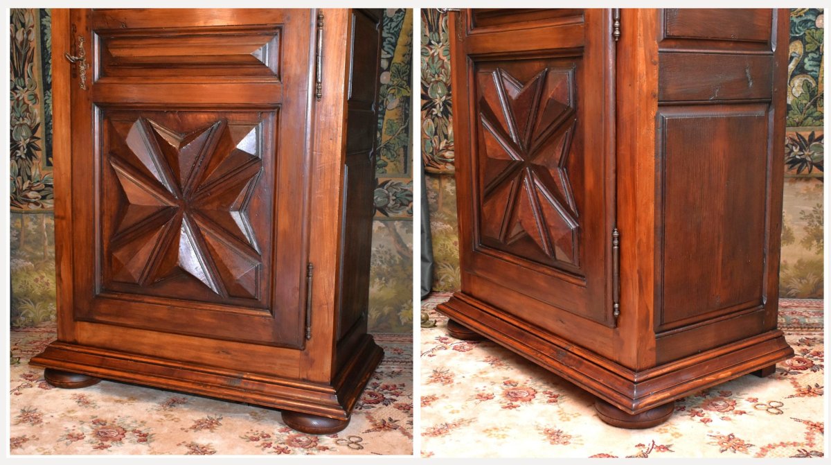 Louis XIII Style Bonnetière In Fruitwood And Various Other Woods, 1-door Wardrobe, Diamond Points -photo-1