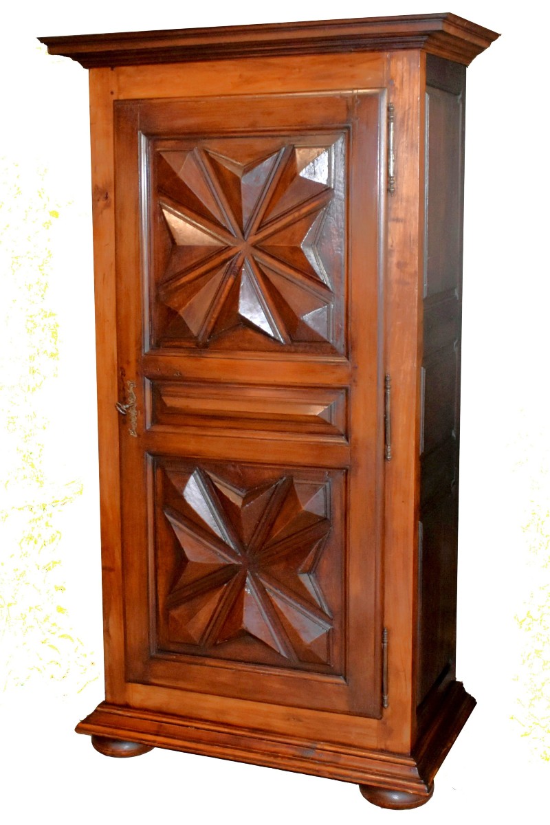 Louis XIII Style Bonnetière In Fruitwood And Various Other Woods, 1-door Wardrobe, Diamond Points 