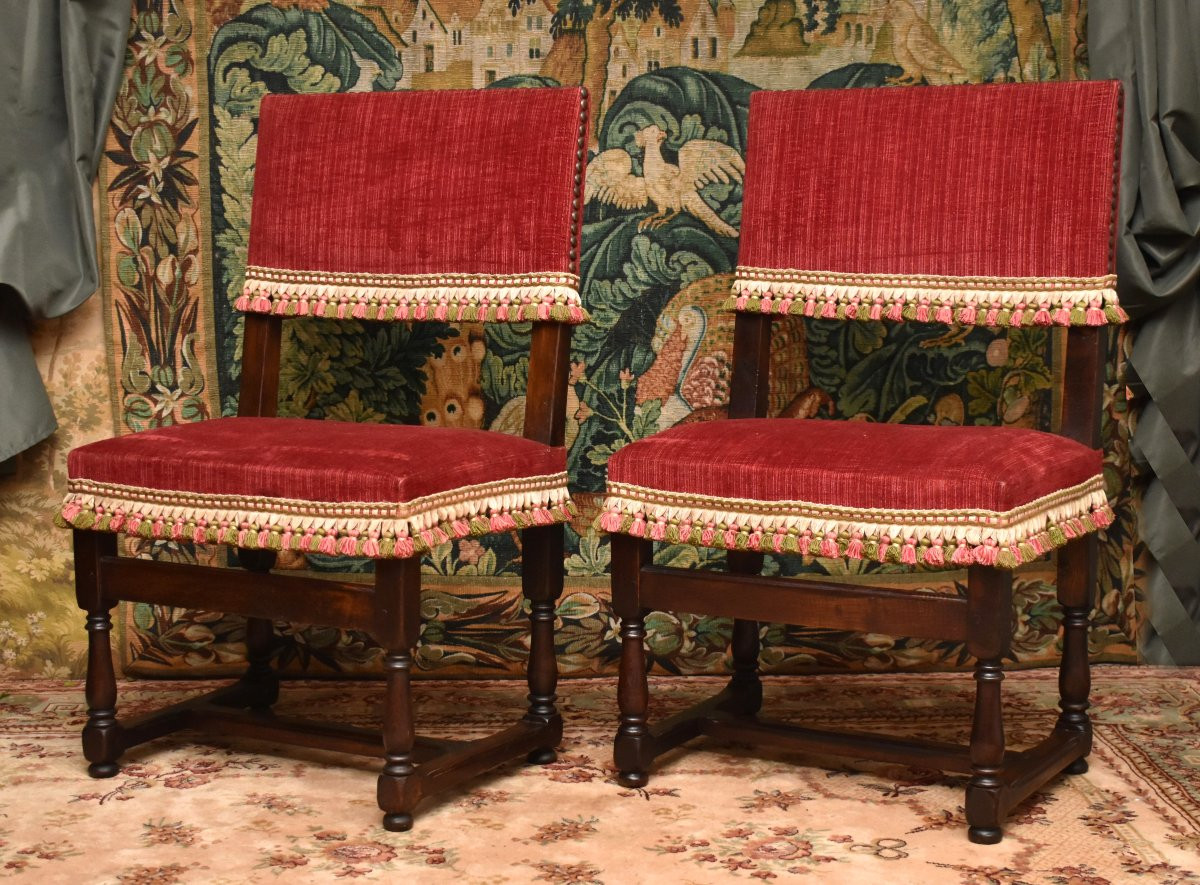 Pair Of Louis XIII Style "backed" Chairs With Wide, Short Backs -photo-2