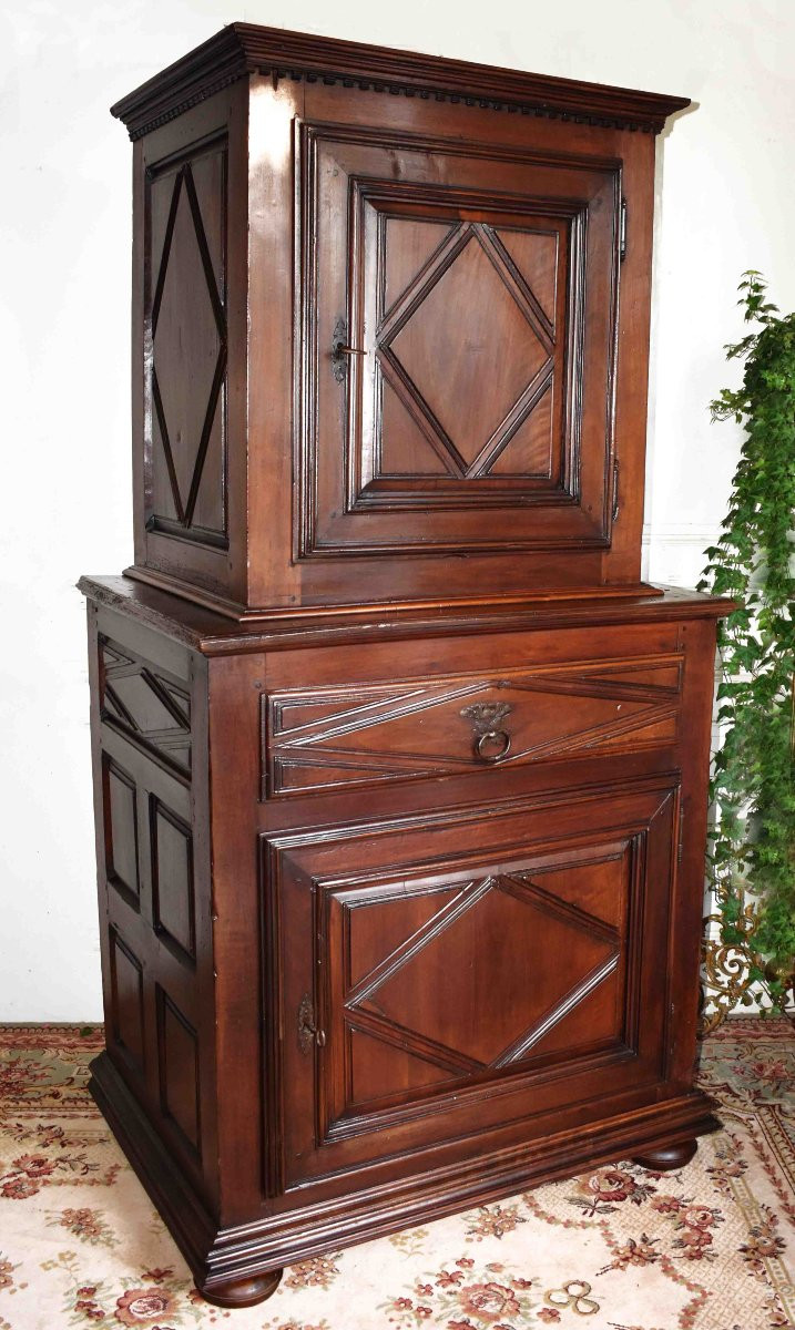 Standing Man Louis XIII Style Walnut Cabinet, Two-part Superimposed Cabinet, Two-part Miniature Buffet-photo-3