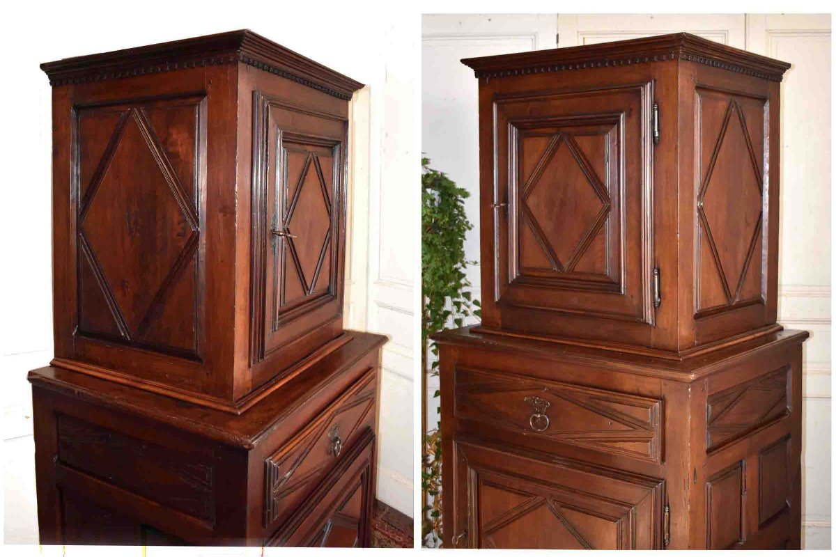Standing Man Louis XIII Style Walnut Cabinet, Two-part Superimposed Cabinet, Two-part Miniature Buffet-photo-2