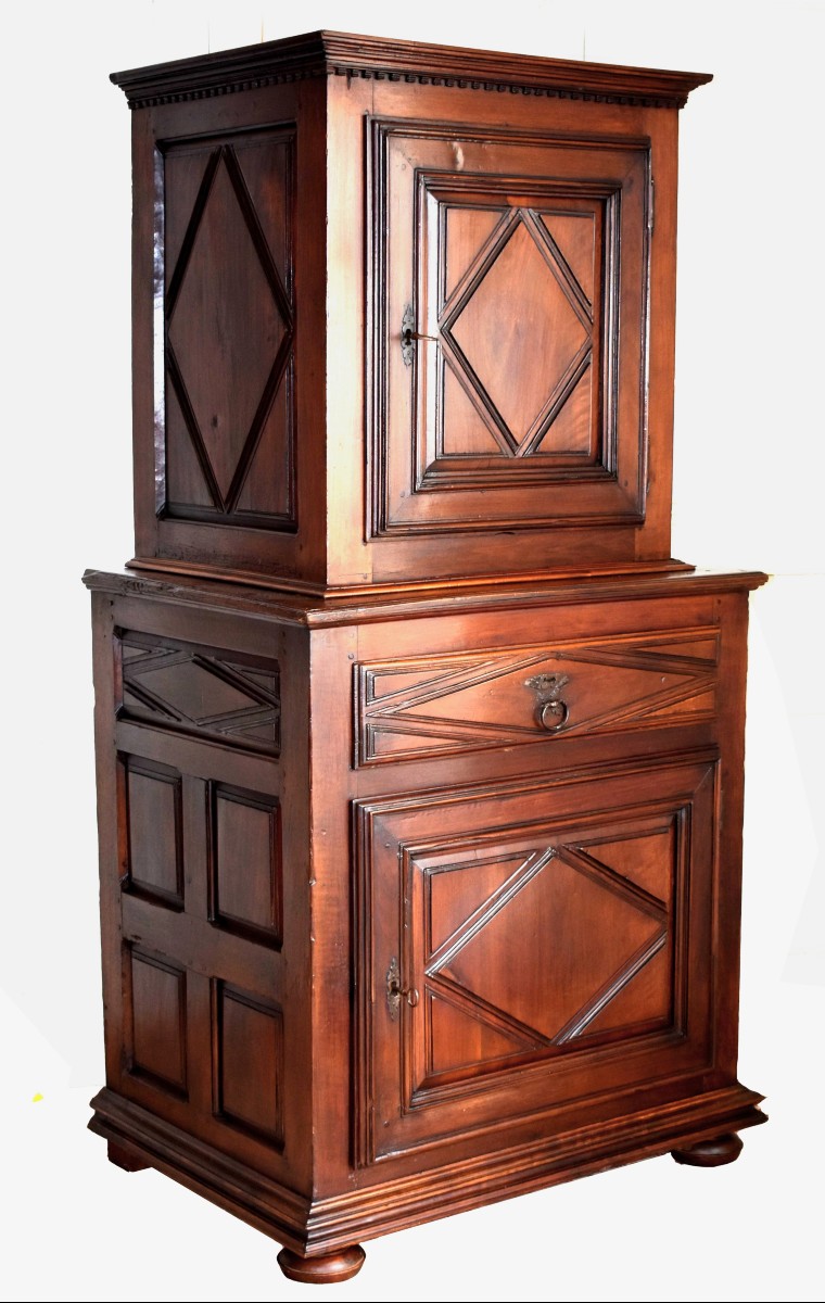 Standing Man Louis XIII Style Walnut Cabinet, Two-part Superimposed Cabinet, Two-part Miniature Buffet