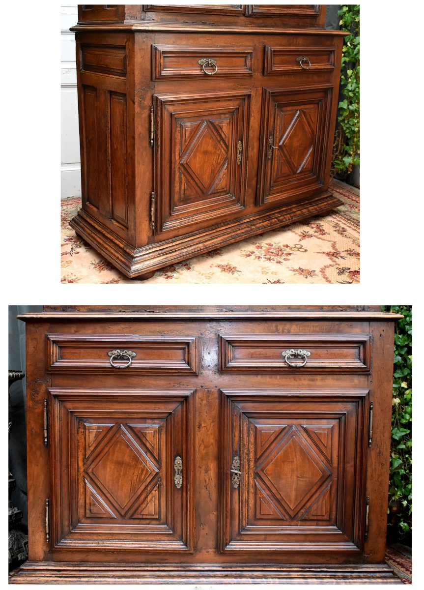 Buffet Deux Corps Louis XIII En Noyer Massif , Pointes De Diamant, XVIIe , corps haut diminutif-photo-3