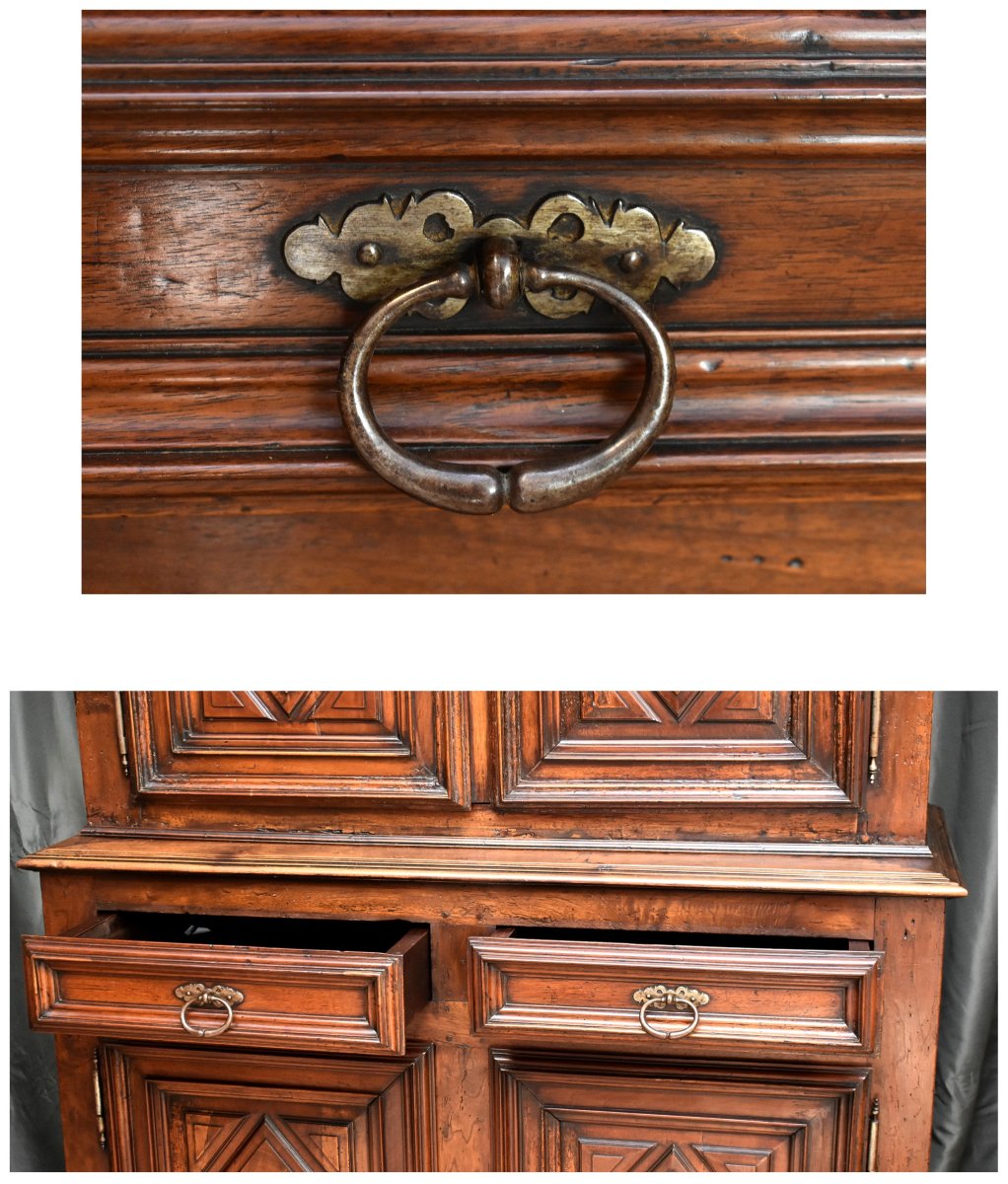 Buffet Deux Corps Louis XIII En Noyer Massif , Pointes De Diamant, XVIIe , corps haut diminutif-photo-5