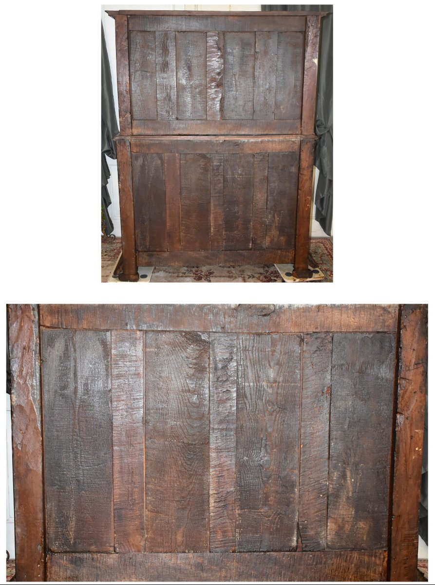 Buffet Deux Corps Louis XIII En Noyer Massif , Pointes De Diamant, XVIIe , corps haut diminutif-photo-8
