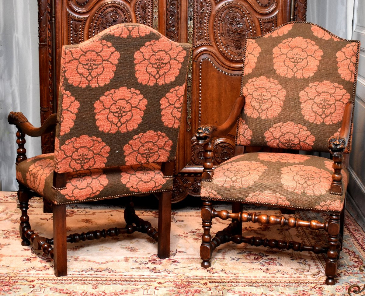 Paire De Grands Fauteuils De Style Louis XIII - Louis XIV à  Dossier Plat, Pieds Balustre, XIXe-photo-3