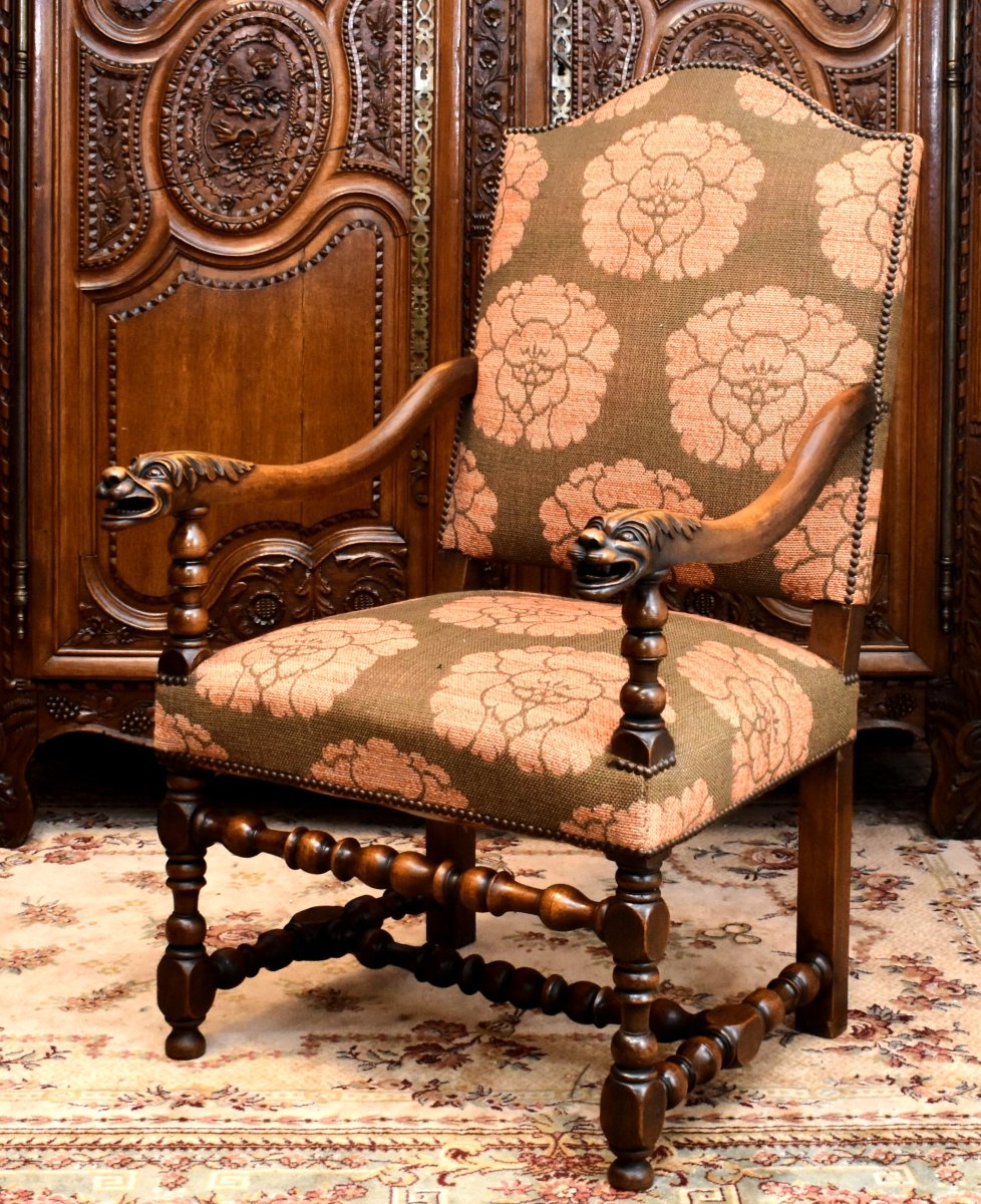 Paire De Grands Fauteuils De Style Louis XIII - Louis XIV à  Dossier Plat, Pieds Balustre, XIXe-photo-4