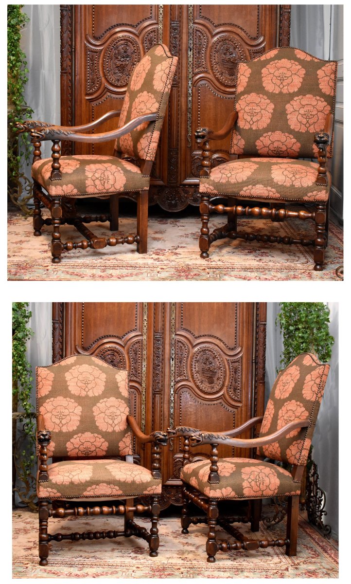 Paire De Grands Fauteuils De Style Louis XIII - Louis XIV à  Dossier Plat, Pieds Balustre, XIXe-photo-1
