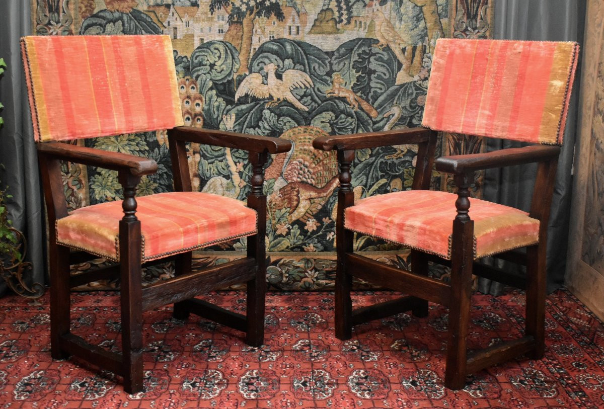 Paire De Fauteuils, Chaises à Bras De Style Renaissance  - Louis XIII En Bois Ciré,  XIXe-photo-2