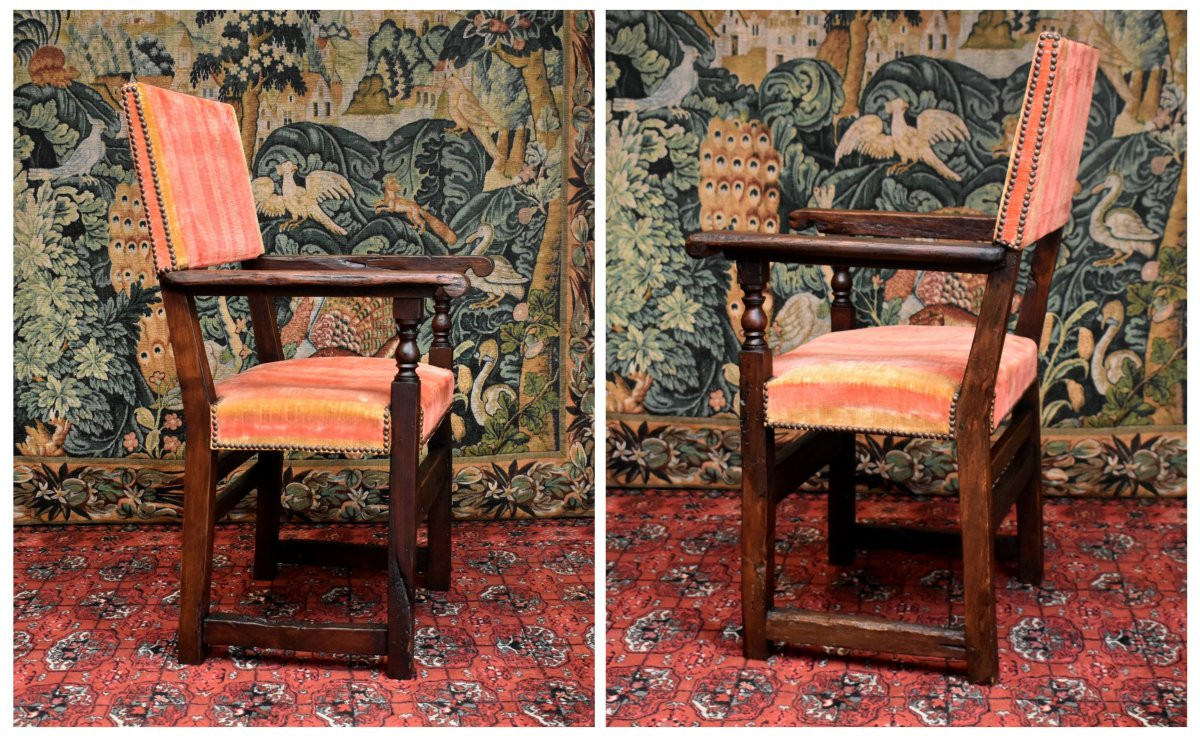 Paire De Fauteuils, Chaises à Bras De Style Renaissance  - Louis XIII En Bois Ciré,  XIXe-photo-2