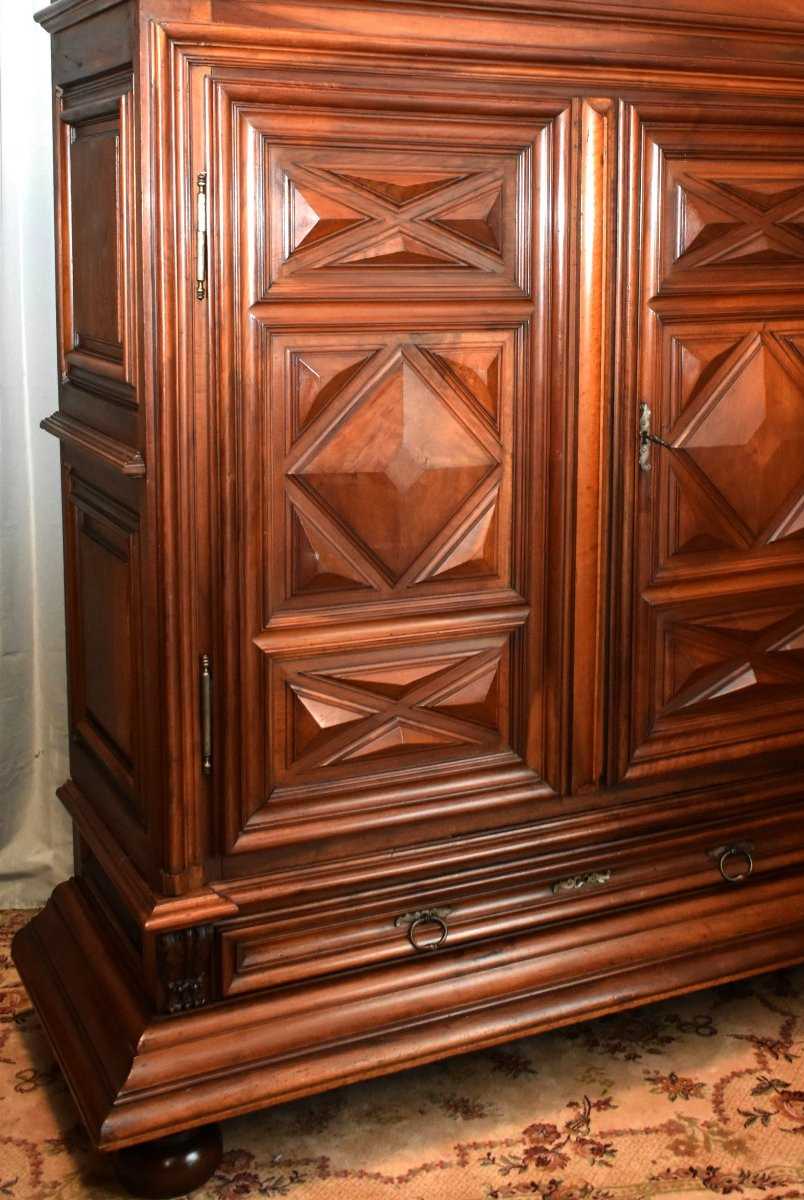 Louis XIII Style Wardrobe In Solid Walnut With Diamond-point Inlay, 2 Doors And 1 Drawer In The Cabinet-photo-4