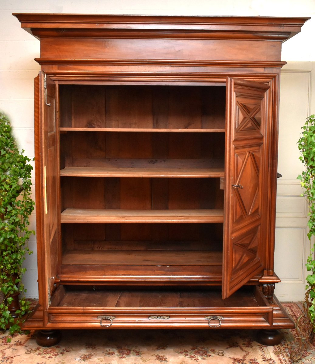 Louis XIII Style Wardrobe In Solid Walnut With Diamond-point Inlay, 2 Doors And 1 Drawer In The Cabinet-photo-1