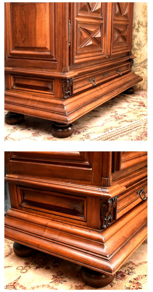 Louis XIII Style Wardrobe In Solid Walnut With Diamond-point Inlay, 2 Doors And 1 Drawer In The Cabinet-photo-2