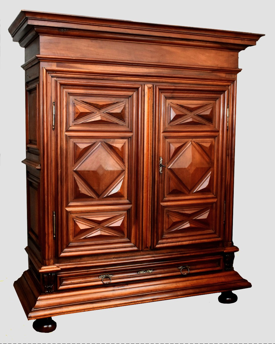 Louis XIII Style Wardrobe In Solid Walnut With Diamond-point Inlay, 2 Doors And 1 Drawer In The Cabinet