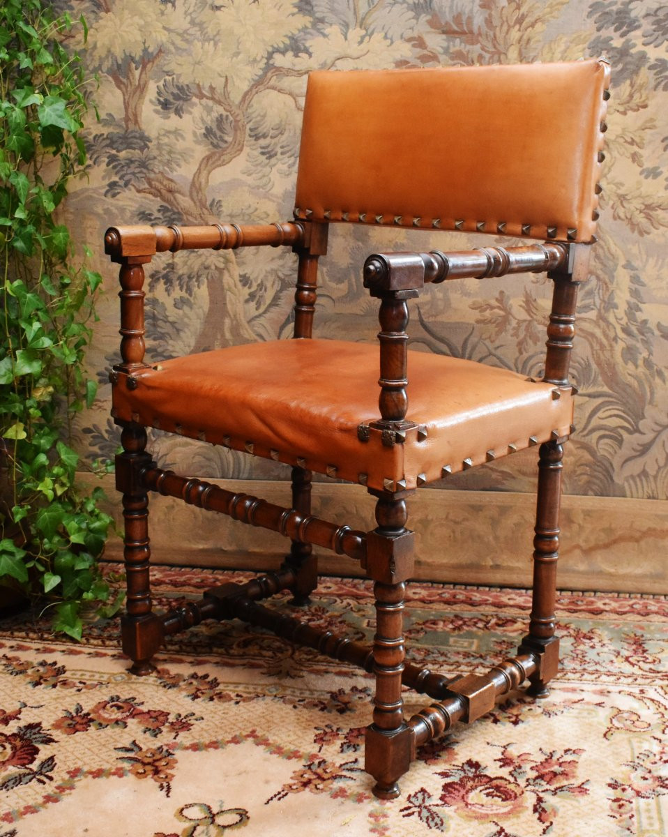 Chaise à Bras En Noyer De Style Louis XIII ,  Fauteuil Dossier Et Assise Cuir, Bureau , XIXe-photo-3