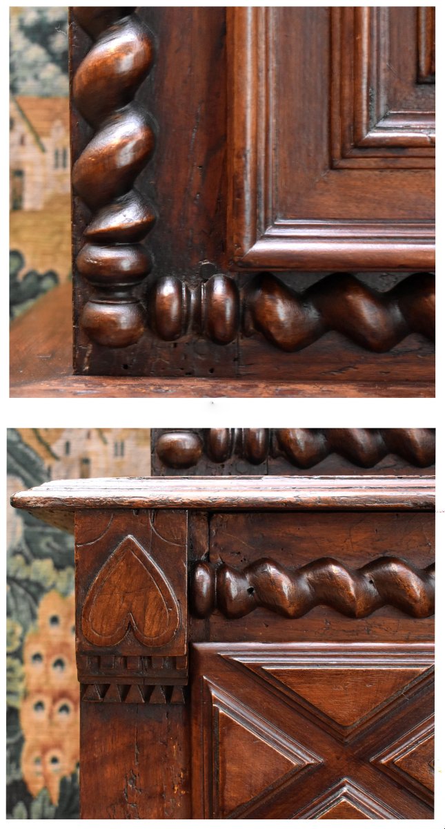 homme debout Louis XIII, buffet cabinet 2 corps noyer  à diminutif , colonnes à torsade, XVIIe-photo-6