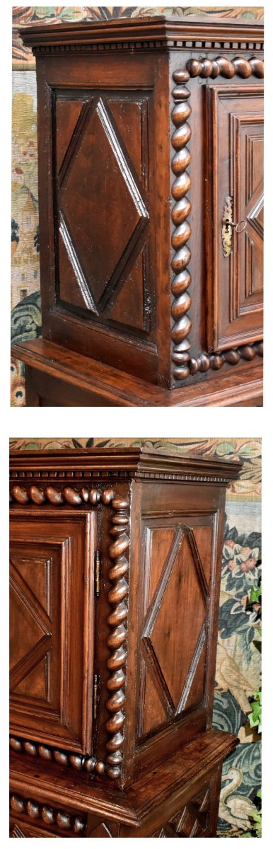 homme debout Louis XIII, buffet cabinet 2 corps noyer  à diminutif , colonnes à torsade, XVIIe-photo-7