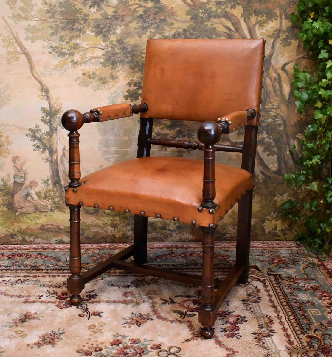 Fauteuil De Style Louis XIII, Chaise à Bras XIXe, Noyer, Cuir Pour Utilisation Siège De Bureau-photo-2