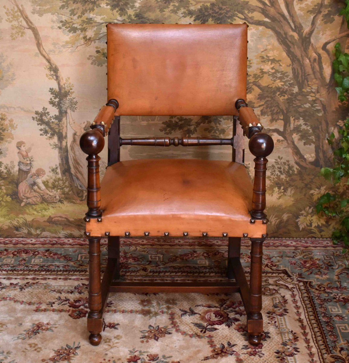 Fauteuil De Style Louis XIII, Chaise à Bras XIXe, Noyer, Cuir Pour Utilisation Siège De Bureau-photo-3