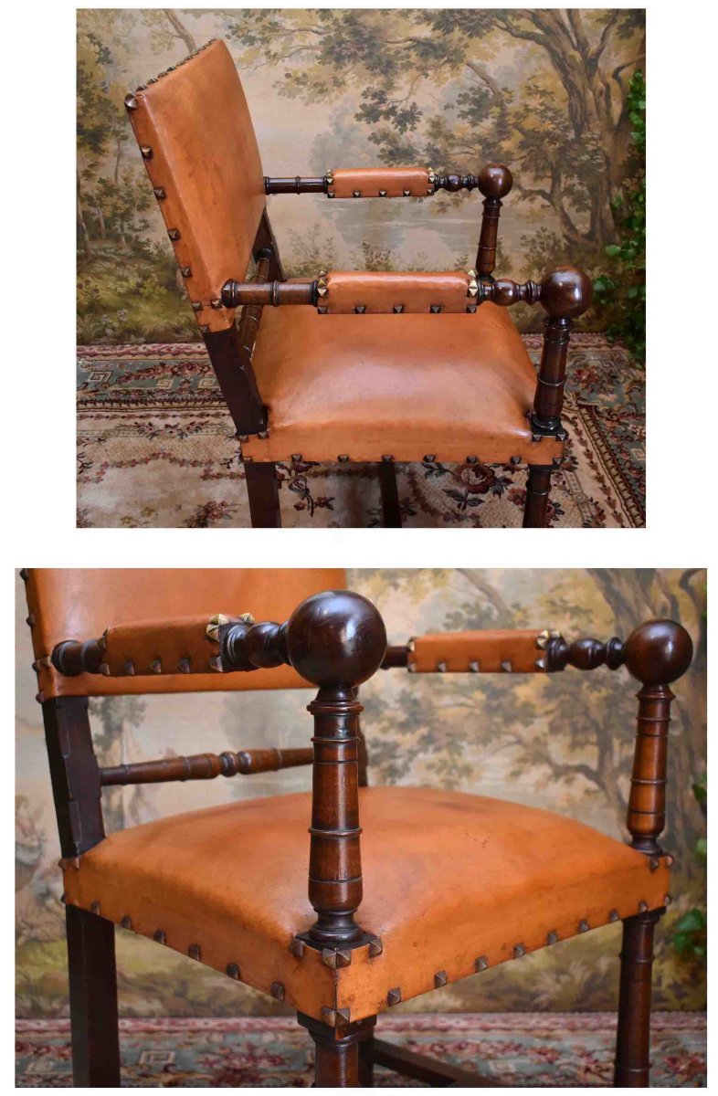 Fauteuil De Style Louis XIII, Chaise à Bras XIXe, Noyer, Cuir Pour Utilisation Siège De Bureau-photo-1