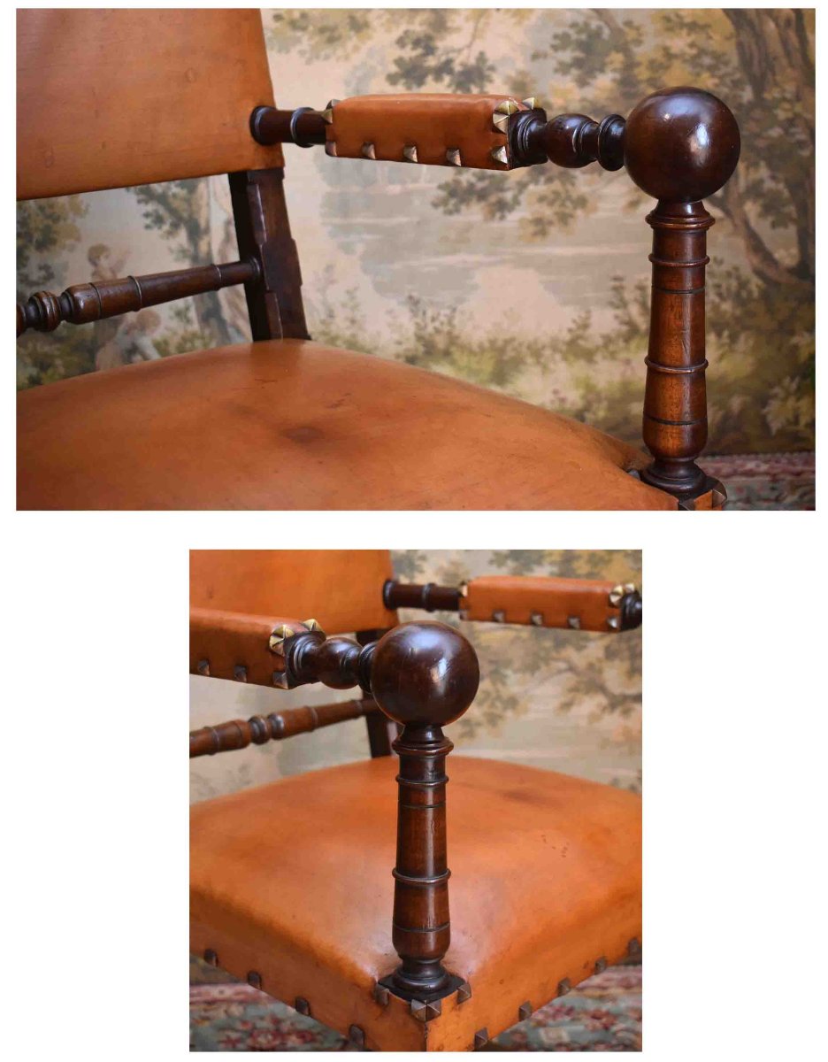 Fauteuil De Style Louis XIII, Chaise à Bras XIXe, Noyer, Cuir Pour Utilisation Siège De Bureau-photo-2