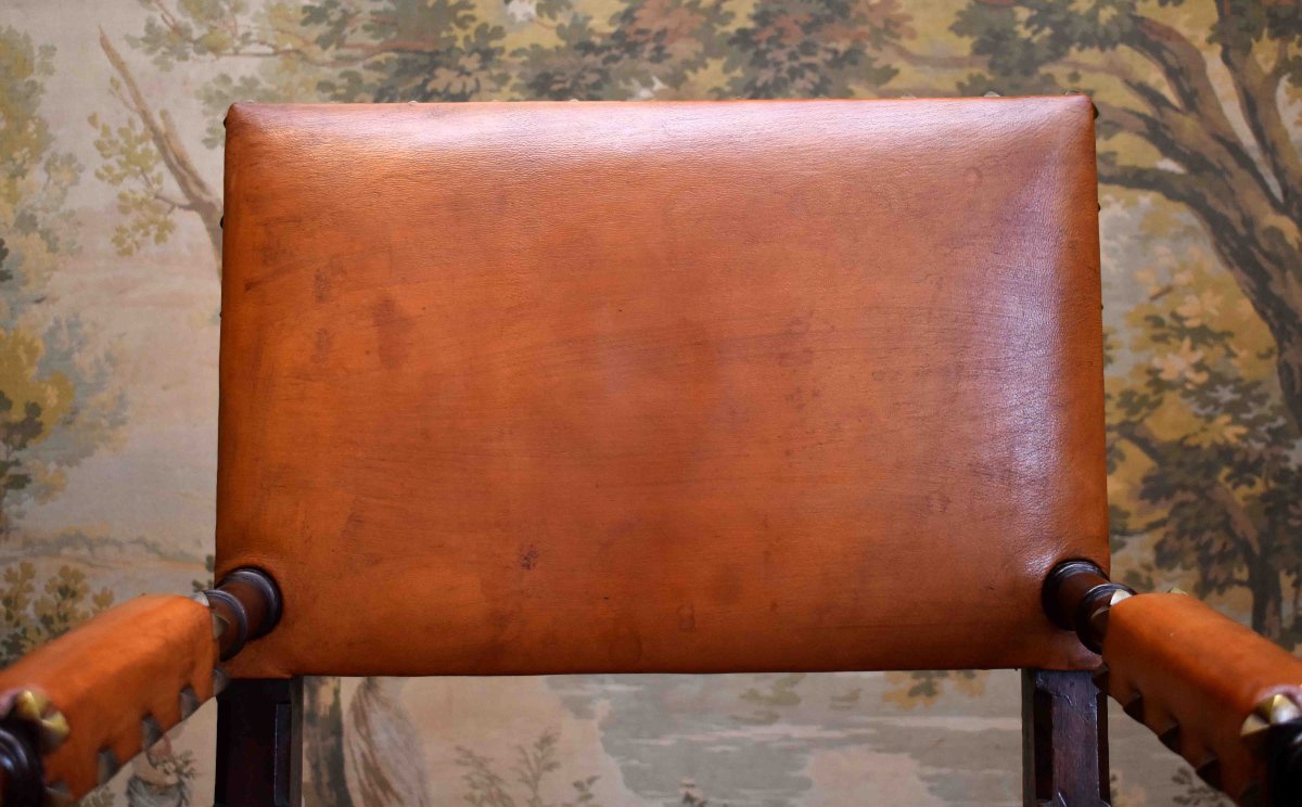 Fauteuil De Style Louis XIII, Chaise à Bras XIXe, Noyer, Cuir Pour Utilisation Siège De Bureau-photo-5