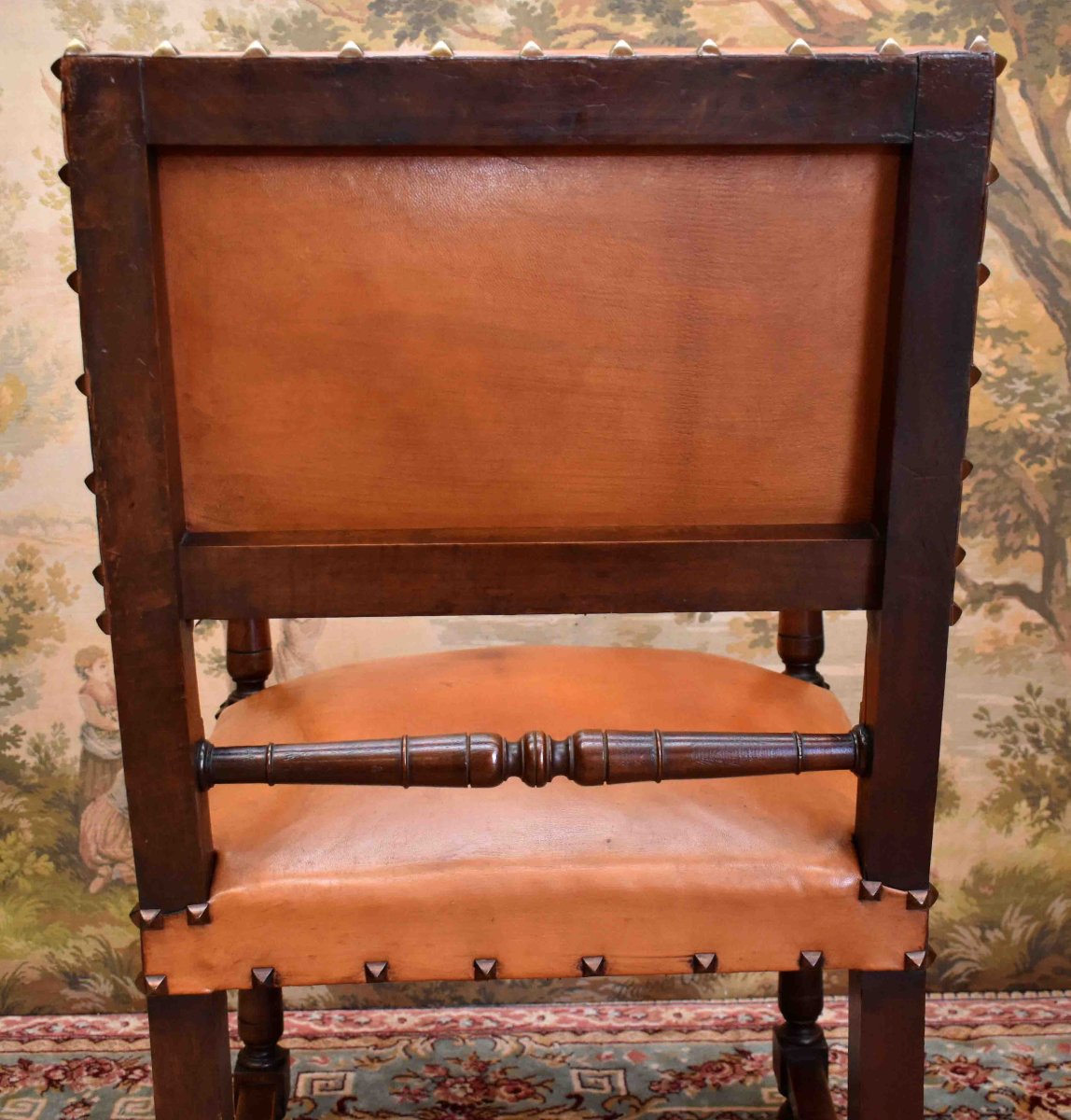 Fauteuil De Style Louis XIII, Chaise à Bras XIXe, Noyer, Cuir Pour Utilisation Siège De Bureau-photo-6