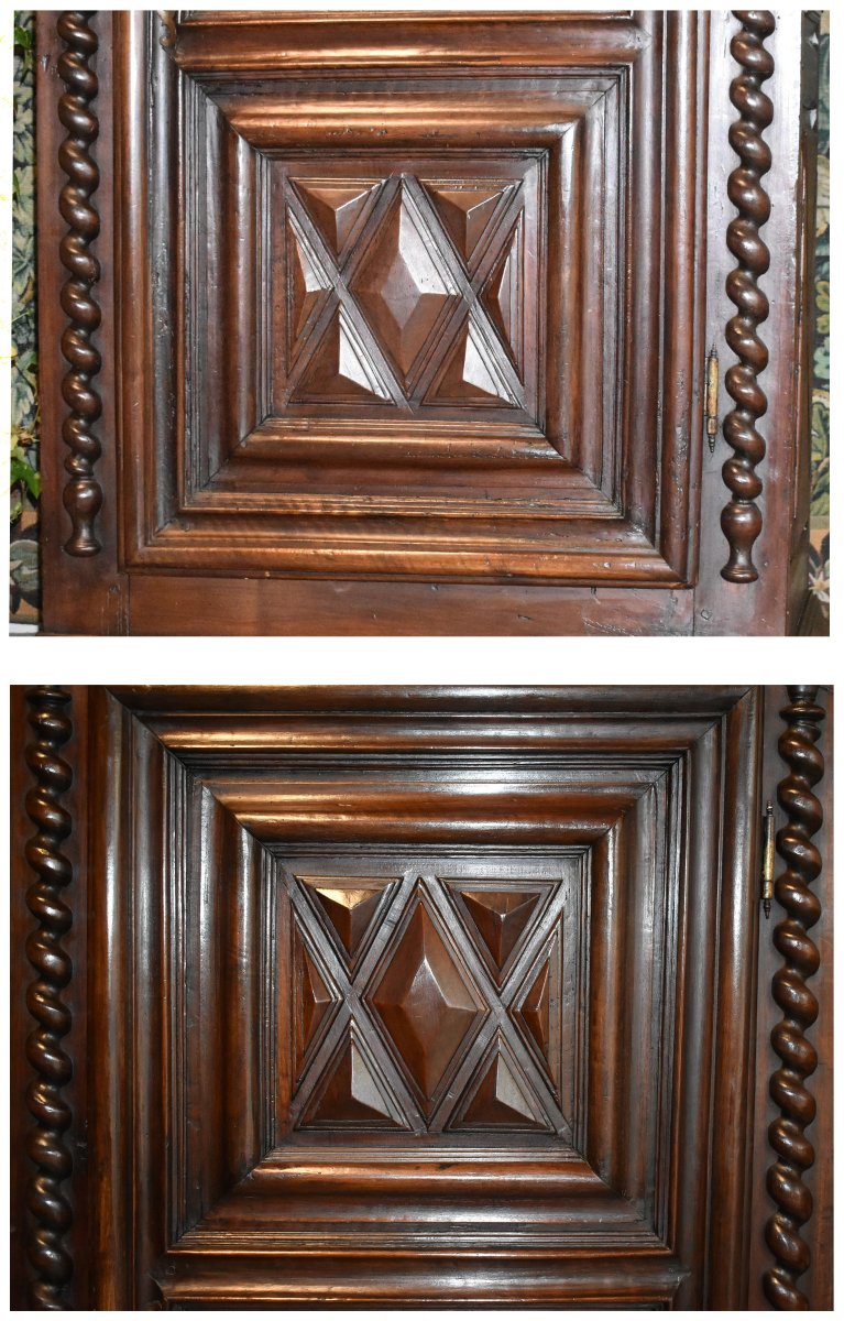 Bonnetière Louis XIII en noyer ,  pointes de diamant ,  colonnes torsadées , armoire une porte -photo-1