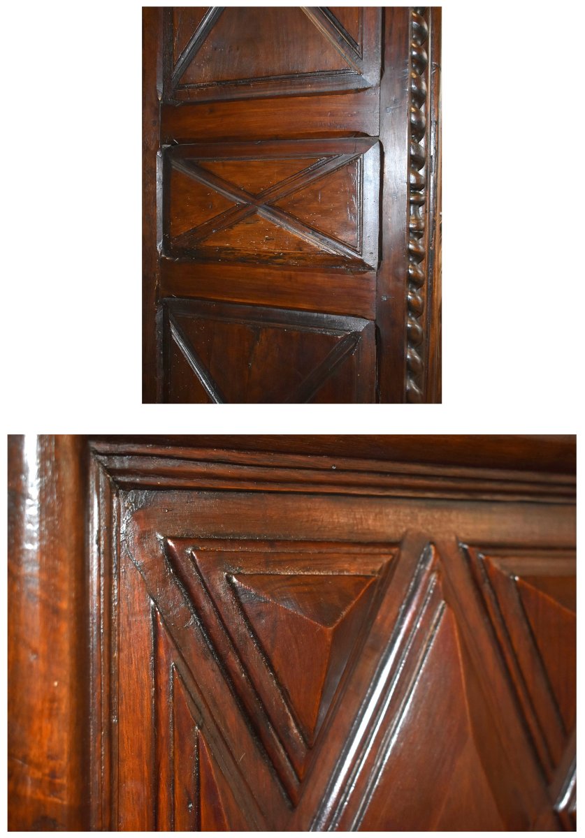 Bonnetière Louis XIII en noyer ,  pointes de diamant ,  colonnes torsadées , armoire une porte -photo-5