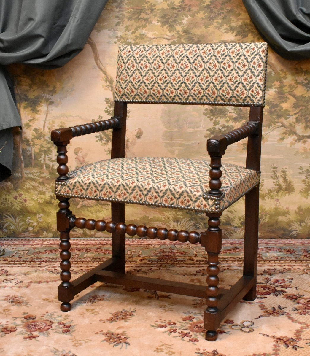 Chaise à Bras Louis XIII, Fauteuil XVIIe En Noyer, Travail En Grains De Chapelet, dossier plat-photo-2