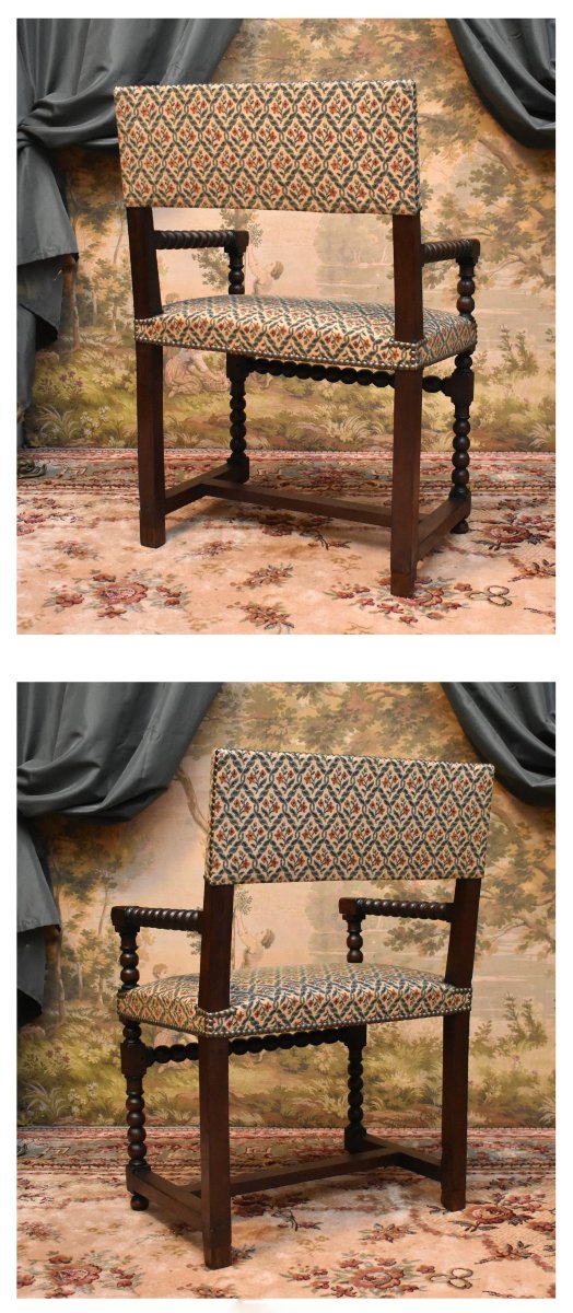 Chaise à Bras Louis XIII, Fauteuil XVIIe En Noyer, Travail En Grains De Chapelet, dossier plat-photo-4