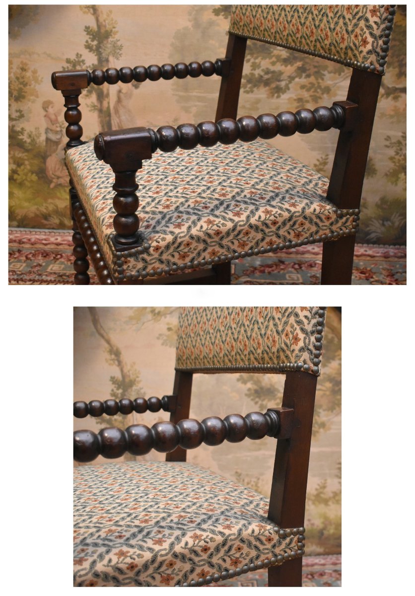Chaise à Bras Louis XIII, Fauteuil XVIIe En Noyer, Travail En Grains De Chapelet, dossier plat-photo-2
