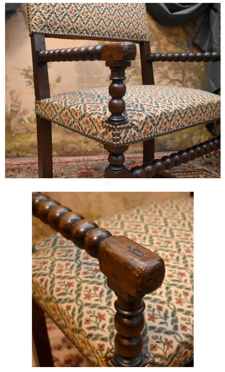 Chaise à Bras Louis XIII, Fauteuil XVIIe En Noyer, Travail En Grains De Chapelet, dossier plat-photo-3