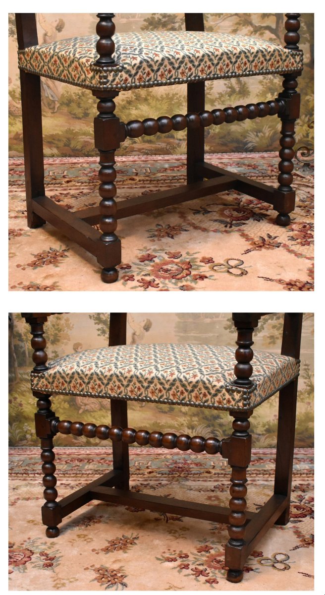 Chaise à Bras Louis XIII, Fauteuil XVIIe En Noyer, Travail En Grains De Chapelet, dossier plat-photo-4