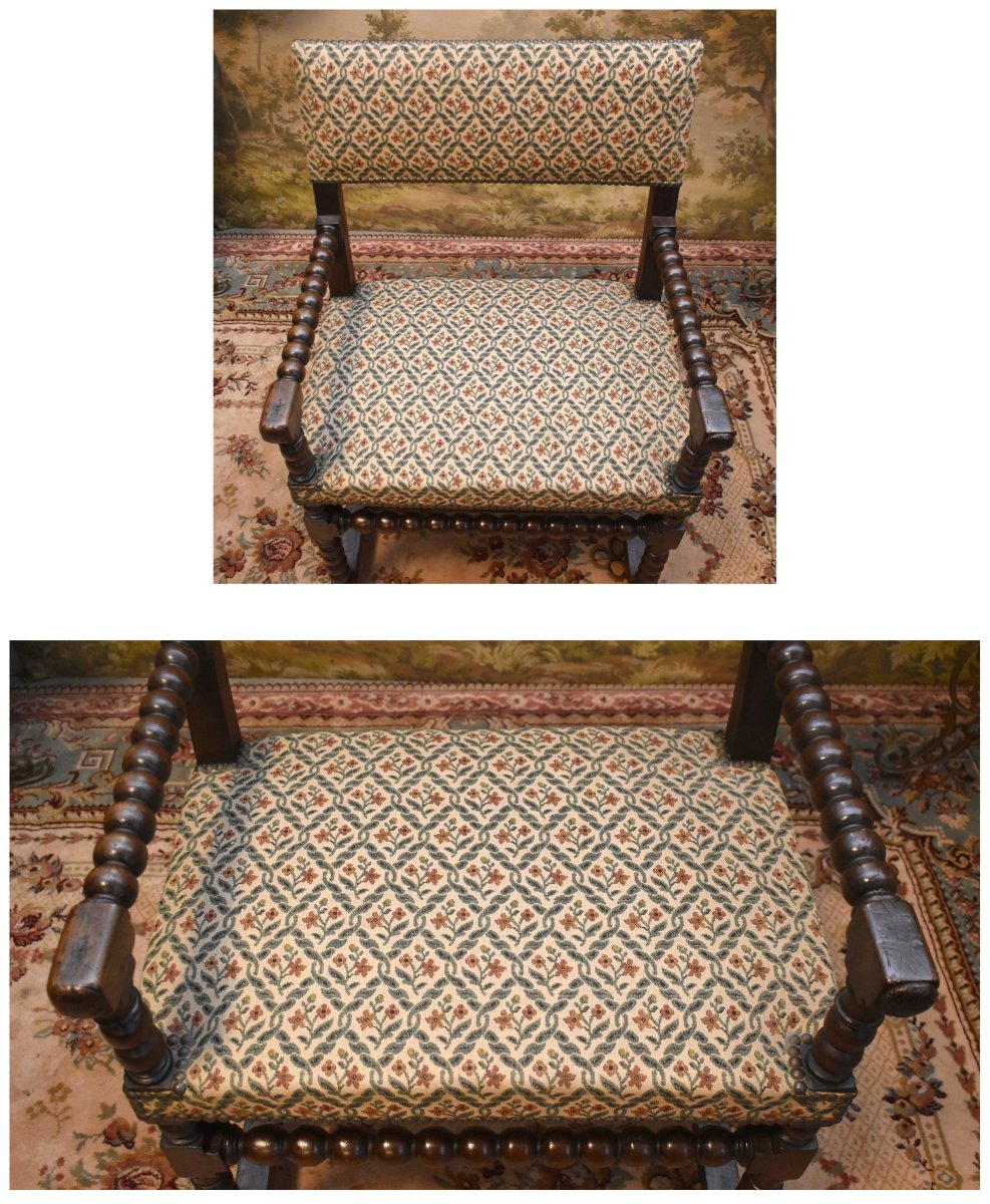 Chaise à Bras Louis XIII, Fauteuil XVIIe En Noyer, Travail En Grains De Chapelet, dossier plat-photo-6