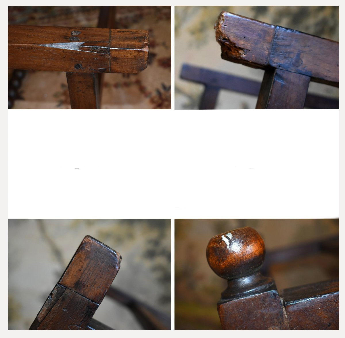 Chaise à Bras Louis XIII, Fauteuil XVIIe En Noyer, Travail En Grains De Chapelet, dossier plat-photo-8