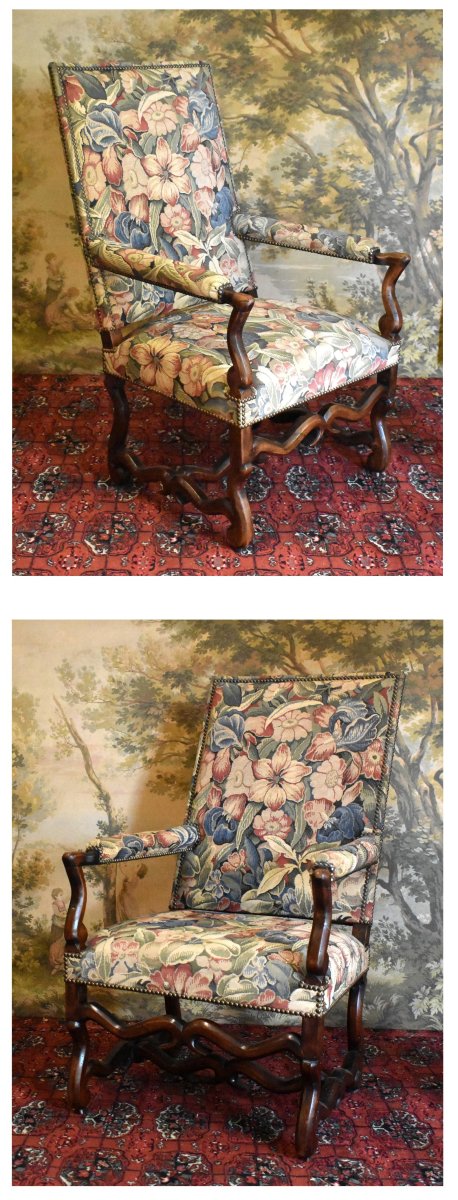 Pair Of Louis XIII Louis XIV Style High Flat Back Sheep Bone Armchairs-photo-3